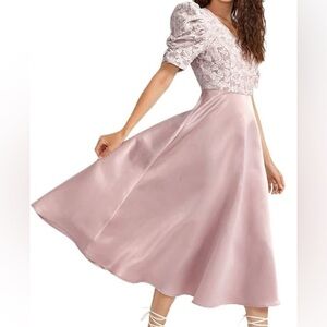 Women’s‎ elegant wedding formal pink dress v neck small crinkle puff sleeve